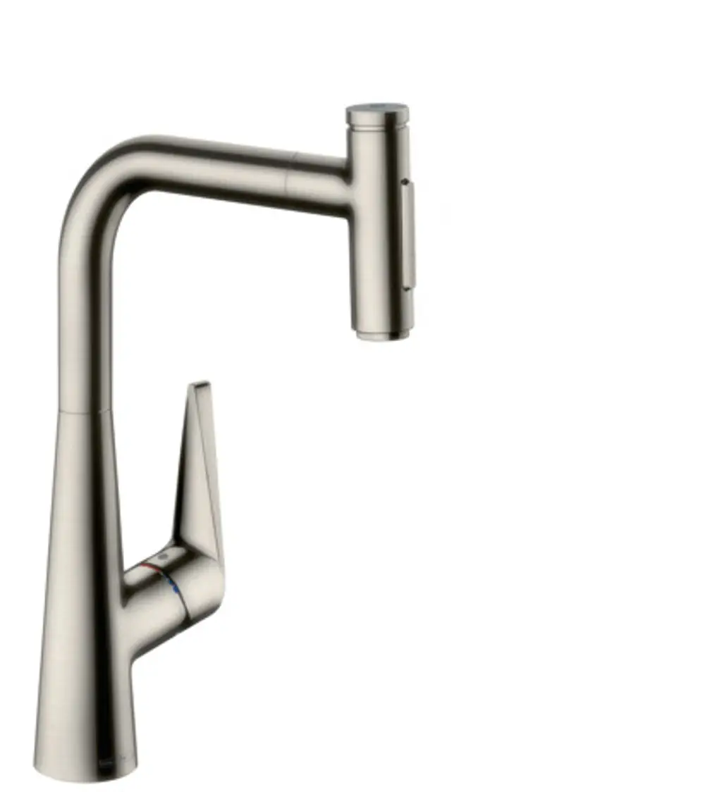 Hansgrohe Spültischmischer mit Ausziehbrause, in Edelstahl-Optik. Der Wasserhahn hat eine klare, moderne Form und bietet zwei Strahlarten.